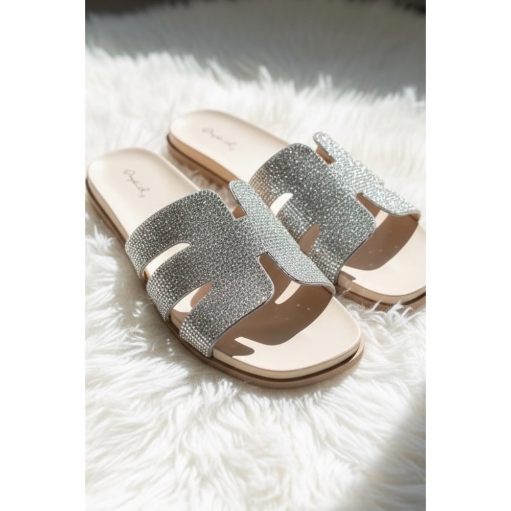 Qupid Rhinestone Slide Sandals | Sparkly Slip On Flat Shoes - Picture 5 of 6